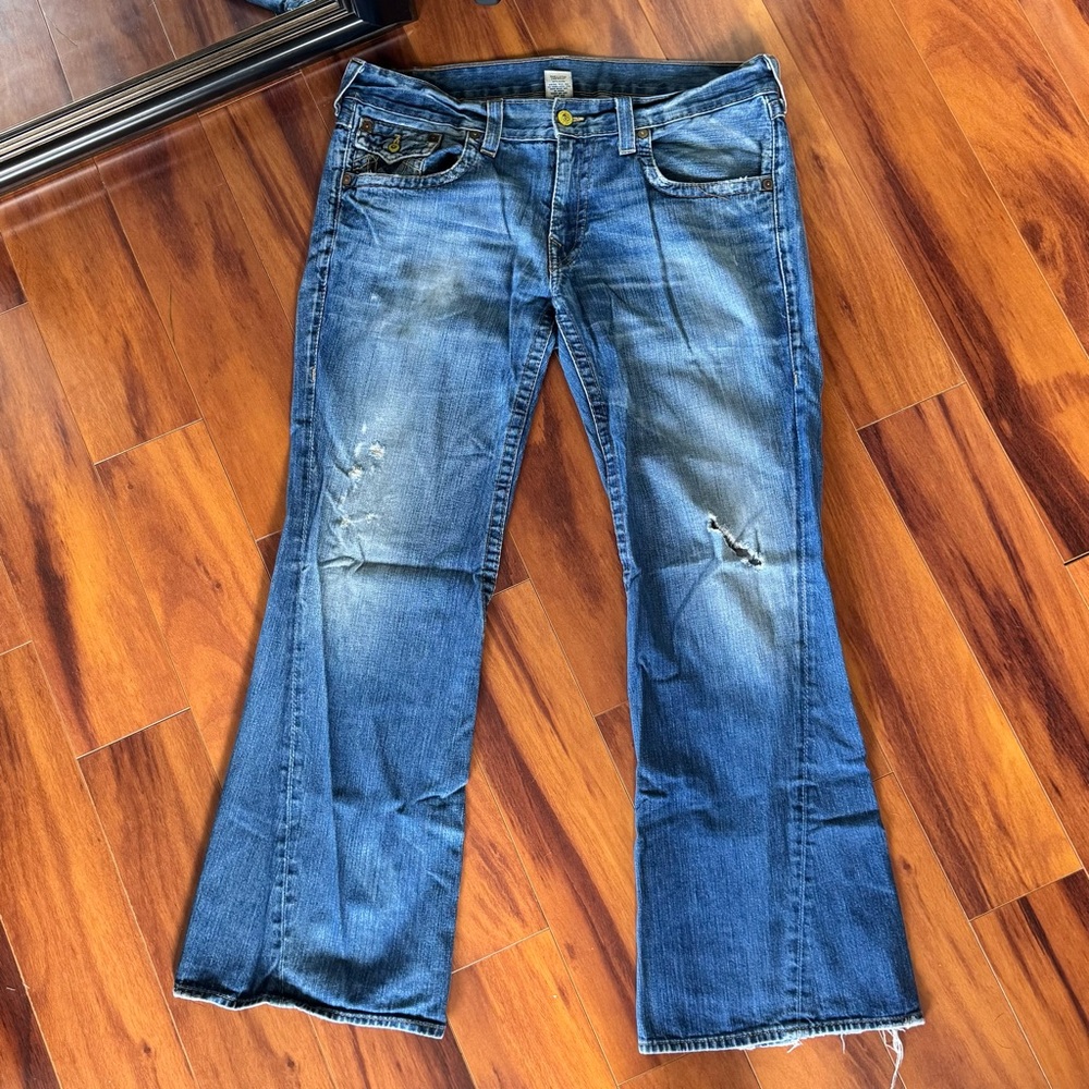 True Religion Men’s Distressed Blue Jeans with Double Pocket Flap